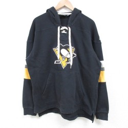 L★古着 アディダス adidas 長袖 スウェット パーカー メンズ NHL ピッツバーグペンギンズ ラグラン 黒 ブラック フード内側メッシュ アイスホッケー 25mar27 中古 スエット トレーナー トップス
