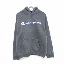 【50%OFF】XL★古着 チャンピオン Champion 長袖 スウェット パーカー メンズ ビッグロゴ ポリエステル 濃グレー 霜降り 25mar28 中古 スエット トレーナー トップス