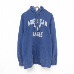 XL★古着 アメリカンイーグル American Eagle 長袖 スウェット パーカー メンズ ビッグロゴ 刺繍 ロング丈 薄紺 ネイビー フード内側サーマル 25mar28 中古 スエット トレーナー トップス