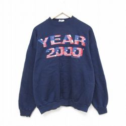 XL★古着 長袖 スウェット メンズ 00年代 00s YEAR 2000 星条旗 クルーネック 紺 ネイビー 25mar28 中古 スエット トレーナー トップス