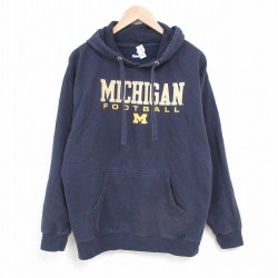 【20%OFF】L★古着 長袖 スウェット パーカー メンズ ミシガン 大学 フットボール 紺 ネイビー 25mar28 中古 スエット トレーナー トップス