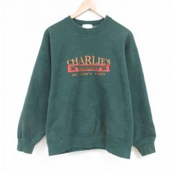 【20%OFF】L★古着 長袖 スウェット メンズ 90年代 90s 刺繍 クルーネック USA製 緑 グリーン 25mar29 中古 スエット トレーナー トップス