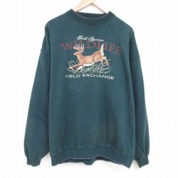 XL★古着 長袖 スウェット メンズ 00年代 00s 鹿 刺繍 大きいサイズ クルーネック 濃緑 グリーン 25mar29 中古 スエット トレーナー トップス