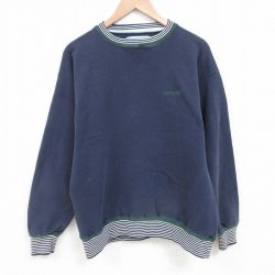 【50%OFF】L★古着 長袖 スウェット メンズ 00年代 00s ワンポイントロゴ クルーネック 紺 ネイビー 25mar29 中古 スエット トレーナー トップス
