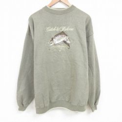 XL★古着 長袖 スウェット メンズ 00年代 00s 魚 刺繍 大きいサイズ クルーネック 緑 グリーン 霜降り 25mar29 中古 スエット トレーナー トップス