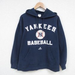L★古着 アディダス adidas 長袖 スウェット パーカー メンズ MLB ニューヨークヤンキース 紺 ネイビー メジャーリーグ ベースボール 野球 25mar31 中古 スエット トレーナー トップス