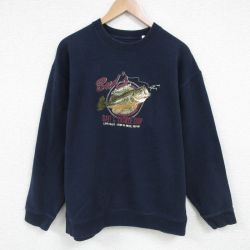 XL★古着 長袖 スウェット メンズ 魚 刺繍 クルーネック 濃紺 ネイビー 25mar31 中古 スエット トレーナー トップス