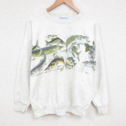XL★古着 長袖 スウェット メンズ 90年代 90s 魚 大きいサイズ クルーネック 薄グレー 霜降り 25apr01 中古 スエット トレーナー トップス