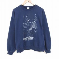 XL★古着 ジャージーズ 長袖 スウェット メンズ 00年代 00s 鹿 クルーネック 紺 ネイビー 25apr02 中古 スエット トレーナー トップス