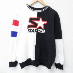 【50%OFF】L★古着 スターター STARTER 長袖 スウェット メンズ ビッグロゴ ツートンカラー 刺繍 クルーネック 黒 ブラック 25apr03 中古 スエット トレーナー トップス
