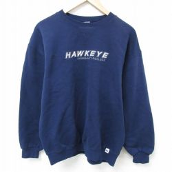 【50%OFF】L★古着 ラッセル 長袖 スウェット メンズ 00年代 00s ハークアイ コミュニティ 大学 刺繍 クルーネック 紺 ネイビー 25apr03 中古 スエット トレーナー トップス