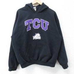L★古着 長袖 スウェット パーカー メンズ 00年代 00s TCU 黒 ブラック 25apr04 中古 スエット トレーナー トップス