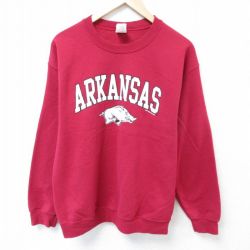 M★古着 長袖 スウェット メンズ 00年代 00s イノシシ アーカンソー クルーネック エンジ 25apr07 中古 スエット トレーナー トップス