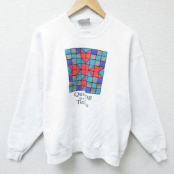 【50%OFF】M★古着 リー Lee 長袖 スウェット メンズ 90年代 90s 図形 クルーネック USA製 白 ホワイト 25apr07 中古 スエット トレーナー トップス