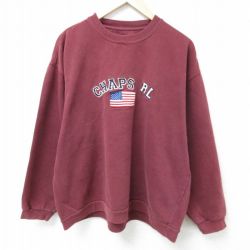 【50%OFF】XL★古着 ラルフローレン Ralph Lauren チャップス 長袖 ブランド スウェット メンズ 90年代 90s ビッグロゴ 刺繍 大きいサイズ クルーネック エンジ 【spe】 25apr07 中古 スエット トレーナー トップス