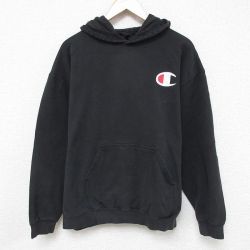 【50%OFF】XL★古着 チャンピオン Champion 長袖 スウェット パーカー メンズ ワンポイントロゴ 黒 ブラック 25apr08 中古 スエット トレーナー トップス