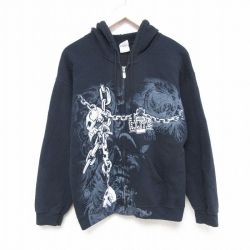 M★古着 長袖 フルジップ スウェット パーカー メンズ 00年代 00s スカル 黒 ブラック 25apr09 中古 スエット トレーナー トップス