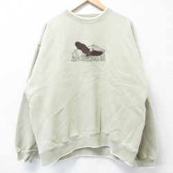 XL★古着 長袖 スウェット メンズ 90年代 90s 鳥 刺繍 クルーネック ベージュ カーキ 25apr09 中古 スエット トレーナー トップス