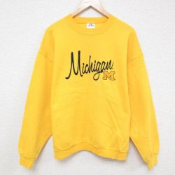 L★古着 長袖 スウェット メンズ 90年代 90s ミシガン 刺繍 クルーネック USA製 濃黄 イエロー 25apr10 中古 スエット トレーナー トップス