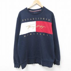 XL★古着 トミーヒルフィガー TOMMY HILFIGER 長袖 ブランド スウェット メンズ ビッグロゴ マルチカラー 刺繍 クルーネック 紺他 ネイビー 25apr12 中古 スエット トレーナー トップス