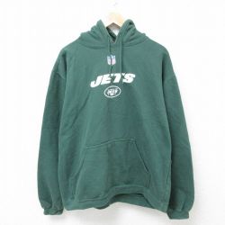 XL★古着 リーボック REEBOK 長袖 スウェット パーカー メンズ NFL ニューヨークジェッツ 緑 グリーン アメフト スーパーボウル 25apr12 中古 スエット トレーナー トップス