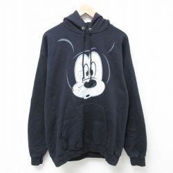 L★古着 ヘインズ Hanes 長袖 スウェット パーカー メンズ 00年代 00s ディズニー DISNEY ミッキー MICKEY MOUSE 両面プリント 黒 ブラック 25apr12 中古 スエット トレーナー トップス