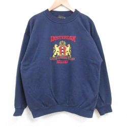 【50%OFF】L★古着 長袖 スウェット メンズ 00年代 00s アムステルダム 刺繍 クルーネック 紺 ネイビー 25apr11 中古 スエット トレーナー トップス