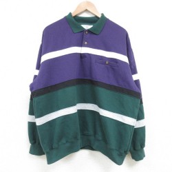 【50%OFF】XL★古着 長袖 スウェット メンズ 00年代 00s 無地 胸ポケット付き マルチカラー 襟付き 紫 パープル ボーダー 25apr11 中古 スエット トレーナー トップス