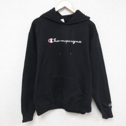 L★古着 チャンピオン Champion 長袖 スウェット パーカー メンズ ビッグロゴ 刺繍 黒 ブラック 25apr14 中古 スエット トレーナー トップス
