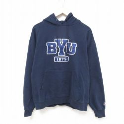 【50%OFF】L★古着 チャンピオン Champion 長袖 スウェット パーカー メンズ 00年代 00s BYU 紺 ネイビー 25apr14 中古 スエット トレーナー トップス