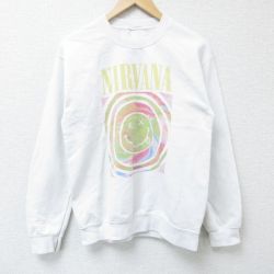 【50%OFF】S★古着 長袖 ロック バンド スウェット メンズ ニルバーナ クルーネック 白 ホワイト 25apr15 中古 スエット トレーナー トップス