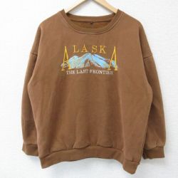 【20%OFF】XL★古着 長袖 スウェット メンズ 00年代 00s アラスカ 刺繍 クルーネック 茶 ブラウン 25apr15 中古 スエット トレーナー トップス
