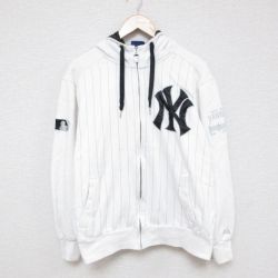 【20%OFF】L★古着 マジェスティック 長袖 スウェット パーカー メンズ 00年代 00s MLB ニューヨークヤンキース 白 ホワイト ストライプ メジャーリーグ ベースボール 野球 25apr15 中古 スエット トレーナー トップス