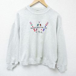L★古着 長袖 スウェット メンズ 00年代 00s ワシントン 国旗 刺繍 ボロ クルーネック グレー 霜降り 25apr16 中古 スエット トレーナー トップス