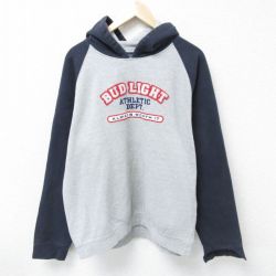 XL★古着 長袖 スウェット パーカー メンズ バドライト ツートンカラー 刺繍 ラグラン グレー 霜降り 25apr16 中古 スエット トレーナー トップス