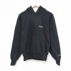 M★古着 チャンピオン Champion 長袖 スウェット パーカー メンズ ワンポイントロゴ 黒 ブラック 25apr16 中古 スエット トレーナー トップス