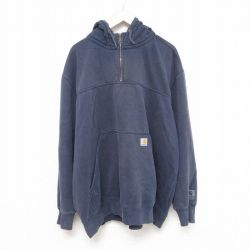 【50%OFF】XL★古着 カーハート Carhartt 長袖 ハーフジップ スウェット パーカー メンズ ワンポイントロゴ 大きいサイズ 紺 ネイビー 25apr16 中古 スエット トレーナー トップス