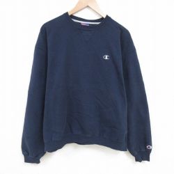 XL★古着 チャンピオン Champion 長袖 スウェット メンズ 00年代 00s ワンポイントロゴ 大きいサイズ クルーネック 紺 ネイビー 25apr16 中古 スエット トレーナー トップス
