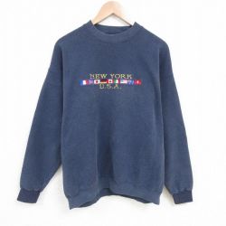 XL★古着 リー Lee 長袖 スウェット メンズ 90年代 90s ニューヨーク 刺繍 クルーネック USA製 紺 ネイビー 25apr16 中古 スエット トレーナー トップス