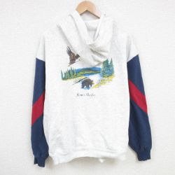 【50%OFF】XL★古着 長袖 フルジップ スウェット パーカー メンズ 80年代 80s ワシ クマ マルチカラー USA製 薄グレー他 霜降り 25apr16 中古 スエット トレーナー トップス