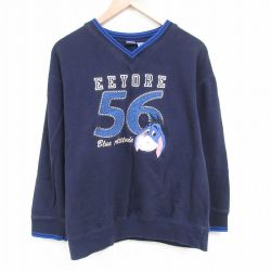 【50%OFF】XL★古着 長袖 スウェット メンズ ディズニー DISNEY くまのプーさん イーヨー 刺繍 Vネック 紺 ネイビー 25apr16 中古 スエット トレーナー トップス