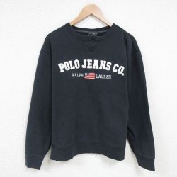 【20%OFF】XL★古着 ラルフローレン Ralph Lauren ポロジーンズ 長袖 ブランド スウェット メンズ 90年代 90s ビッグロゴ 刺繍 クルーネック 黒 ブラック 25apr17 中古 スエット トレーナー トップス