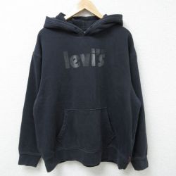 XL★古着 リーバイス Levis 長袖 スウェット パーカー メンズ ビッグロゴ フロッキープリント 大きいサイズ 黒 ブラック 25apr18 中古 スエット トレーナー トップス
