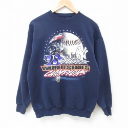 【50%OFF】M★古着 長袖 スウェット メンズ 90年代 90s MLB ニューヨークヤンキース クルーネック 紺 ネイビー メジャーリーグ ベースボール 野球 25apr21 中古 スエット トレーナー トップス