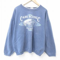 XL★古着 長袖 スウェット メンズ 90年代 90s キャスシニック 機関車 大きいサイズ クルーネック USA製 薄紺 ネイビー 25may01 中古 スエット トレーナー トップス