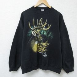 【50%OFF】XL★古着 長袖 スウェット メンズ 90年代 90s シカ 大きいサイズ クルーネック USA製 黒 ブラック 25may08 中古 スエット トレーナー トップス