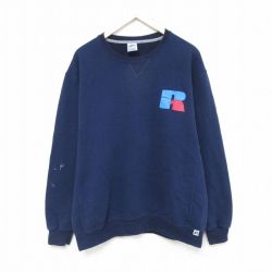 【50%OFF】XL★古着 ラッセル 長袖 スウェット メンズ 00年代 00s ワンポイントロゴ クルーネック 紺 ネイビー 【spe】 25may09 中古 スエット トレーナー トップス