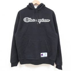 M★古着 チャンピオン champion 長袖 スウェット パーカー メンズ ビッグロゴ 黒 ブラック 25may10 中古 スエット トレーナー トップス