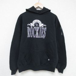 XL★古着 ラッセル 長袖 スウェット パーカー メンズ 90年代 90s MLB コロラドロッキーズ 大きいサイズ USA製 黒 ブラック メジャーリーグ ベースボール 野球 【spe】 25may21 中古 スエット トレーナー トップス
