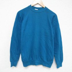 M★古着 長袖 スウェット メンズ 90年代 90s 無地 クルーネック USA製 青緑 25may21 中古 スエット トレーナー トップス